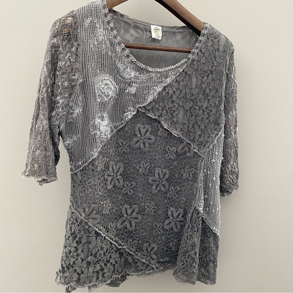 This & That Gray Floral Lace Blouse Mixed Media Art Top Lace Fairy Art Deco